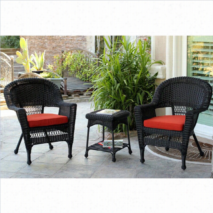 Jeco 3pc Wicker Chair And End Table In Black Set With Red Orange Cushion