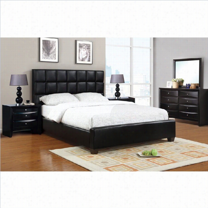 Poundeex 5 Piece Faux Leather Queen Size Bedrokm Set In Black