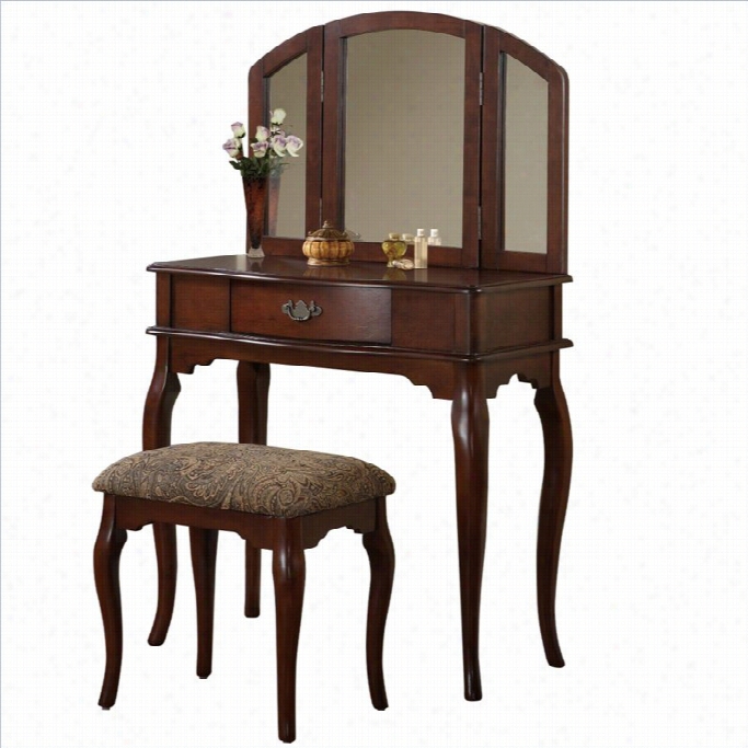 Poundex Bobkona Jaden Vanity Set With Stool In Cherry