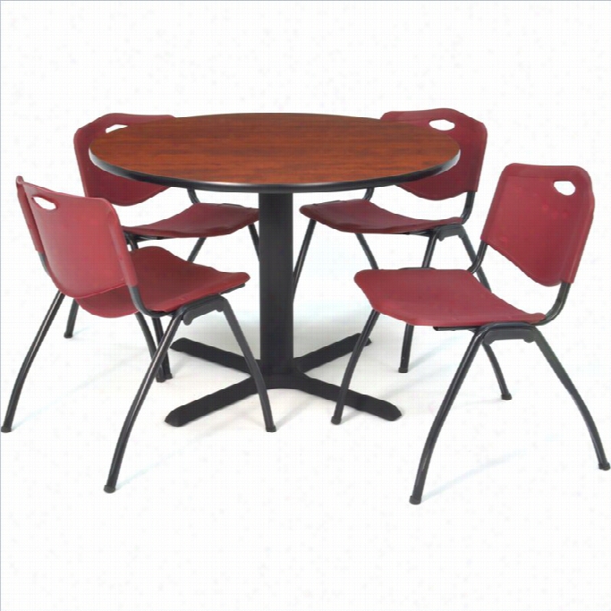 Regency Roud  Lunchroom Table And 4 Burgundy M Stack Chairs In Hcerry