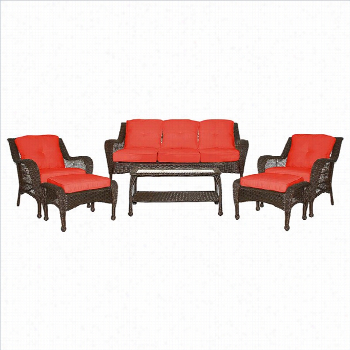 Jeco 6pc Twig Seating Set In Espresso With Red Cushions