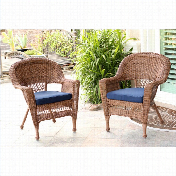 Jeco Wciker Chair In Honey With Blue Cushion (set Of 2)