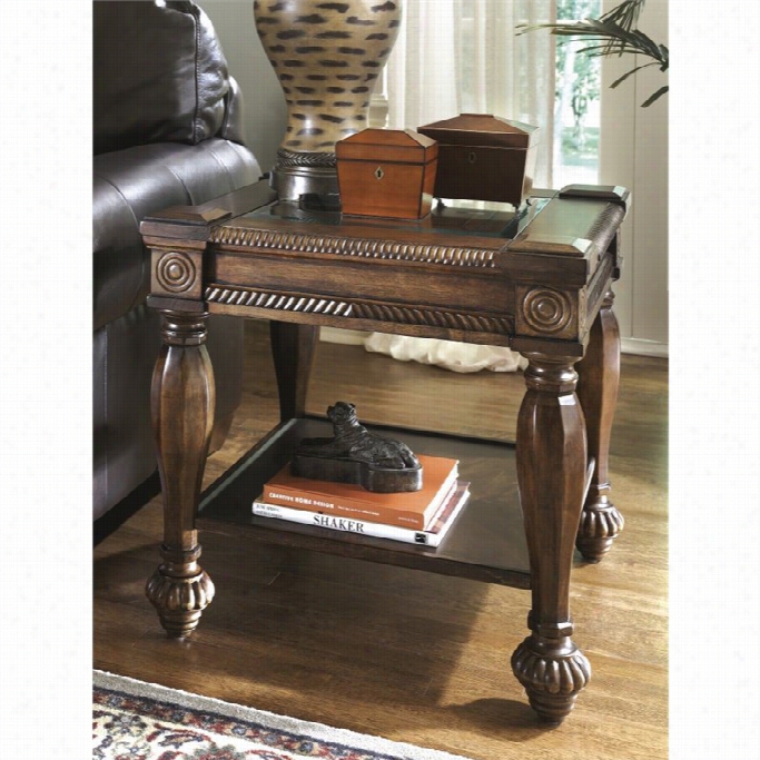 Ashley Maantera Square End Table Wiith Glass Set In  In Darkr Ustic Brown