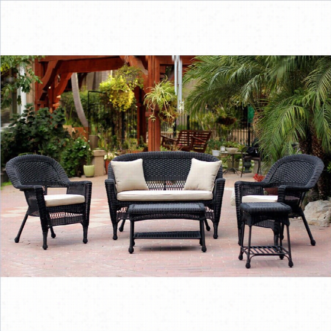 Jeco 5pc Wicker Concersatiob Set In Black With Tan Cushion