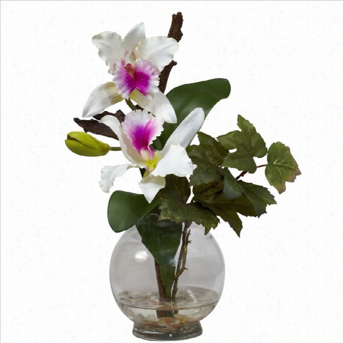 Neraly Natural Mini Cattleya With Fluted Vase Silk Flower Arangement In White