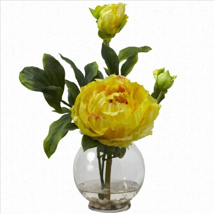 Nearly Natural Peony With Fluted Vase Silk Flower  Arrangement In Yellow