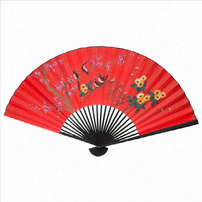 Oriental Furniture Birds Steady Tree Fan Wall Decor In Red-small