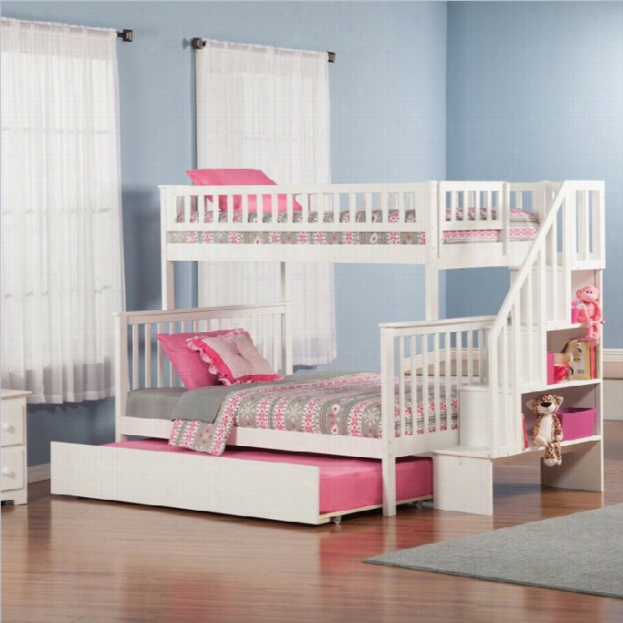 Atlantic Furniture Woodlan D Staircase Bunk Bed With Trunndle Bed In White-twin Over Twin