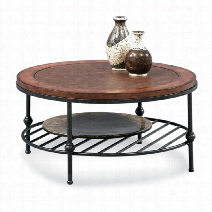 Bassett Pattern Bentley Round Glass Top Cocktail Table In Tobacco