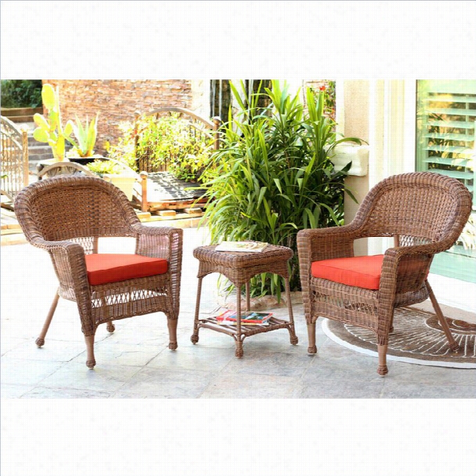 Jeco 3pc Wicker Chair And End Table Set In Honey With Red Orange Chair Cushion