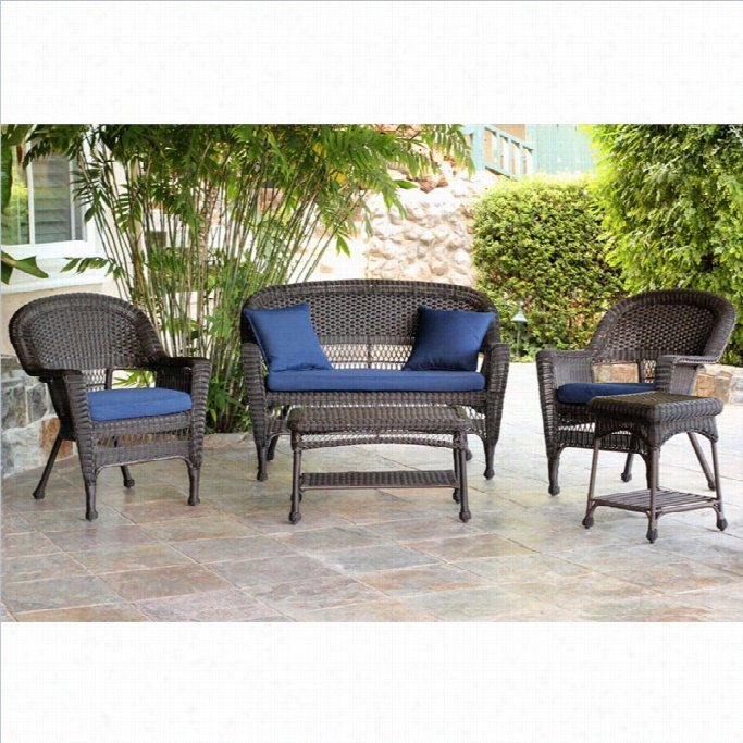 Jeco  5pc Wicker Converssation Set In Espresso By The Side Of Blue Cushions