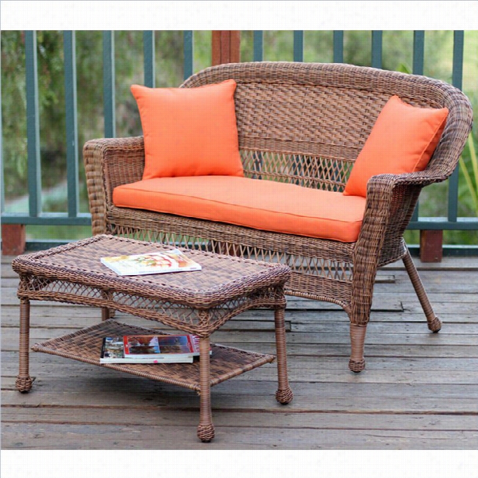 Jecoo Wicker Patio Love Seat And Coffee Table Set In Honey With Orange Cushion