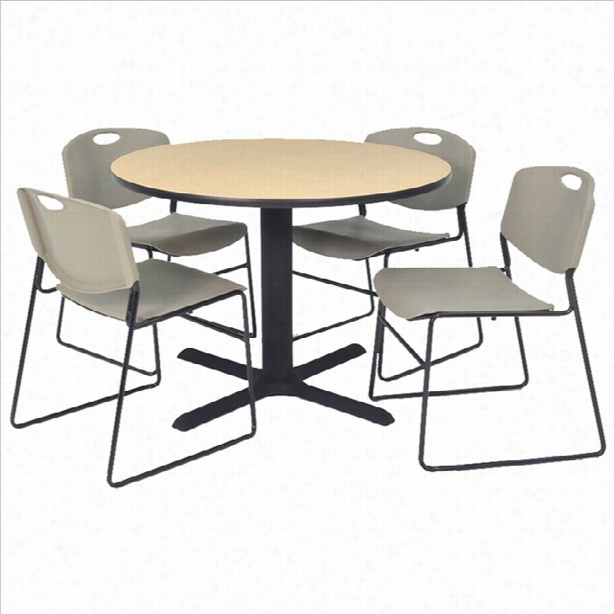 Regency Round Table With 4  Zeng Stack Chairs In Beige And Grey-30 Inch