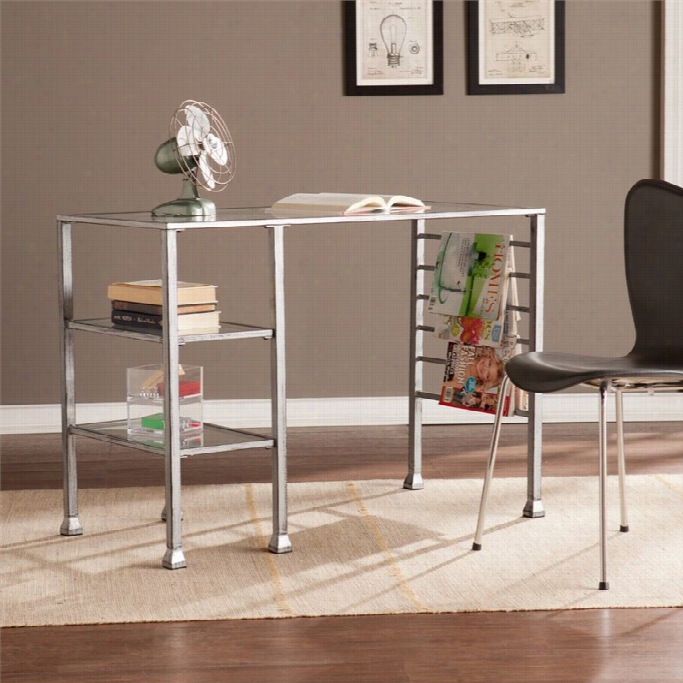 Southern Enterprises Metal--gl Ass Writiing Desk In Silvery And Black