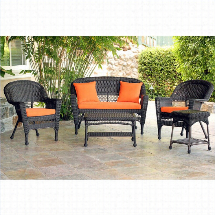 Jeco Pc Wicker Conversation Set In Espresso With Orange Cushions