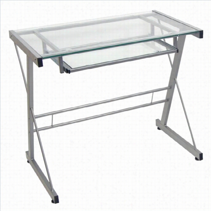 Walker Edison Solo Small Glass Top Comphter Desk In Silver