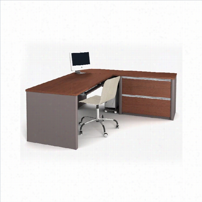 Bestar Connexion L-shaped Desk With 1 Oversized Pedestal In Bordeaux And Slate
