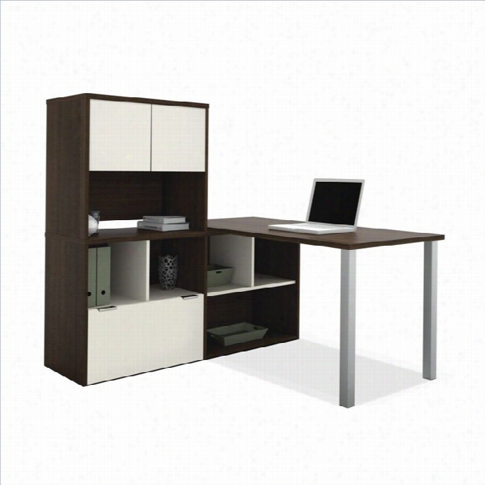 Bestar Contempo Ls-haped Desk With Hutch In Tuxedo And Sandstone