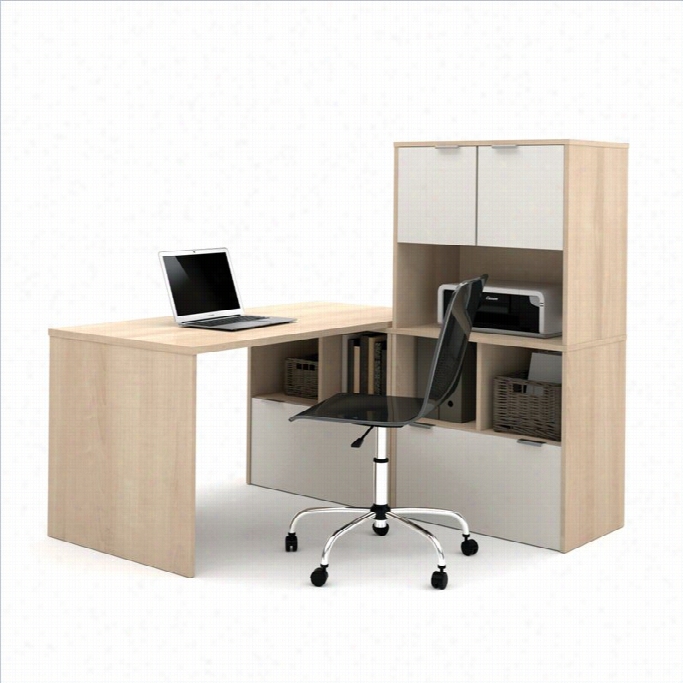 Bestar I3 L-shape Workstatio N With Storage Units And Hutch In Northern Maple And Sandstone