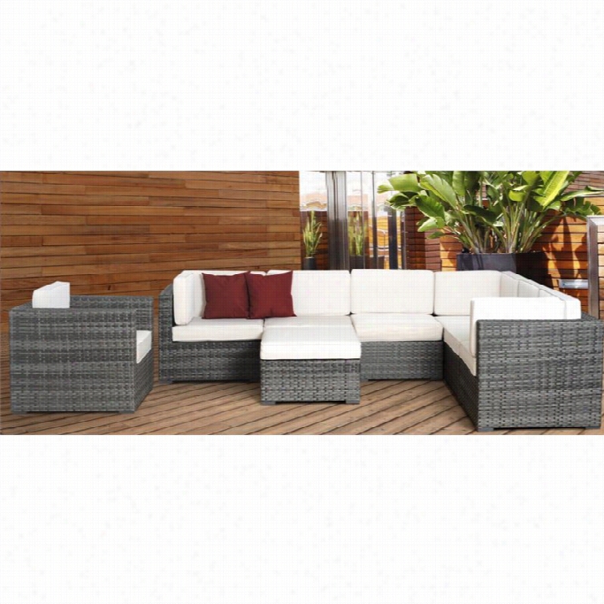 Marse Ille 8 Pc Wicker Seating Set In Grey With Most Distant White Cushions