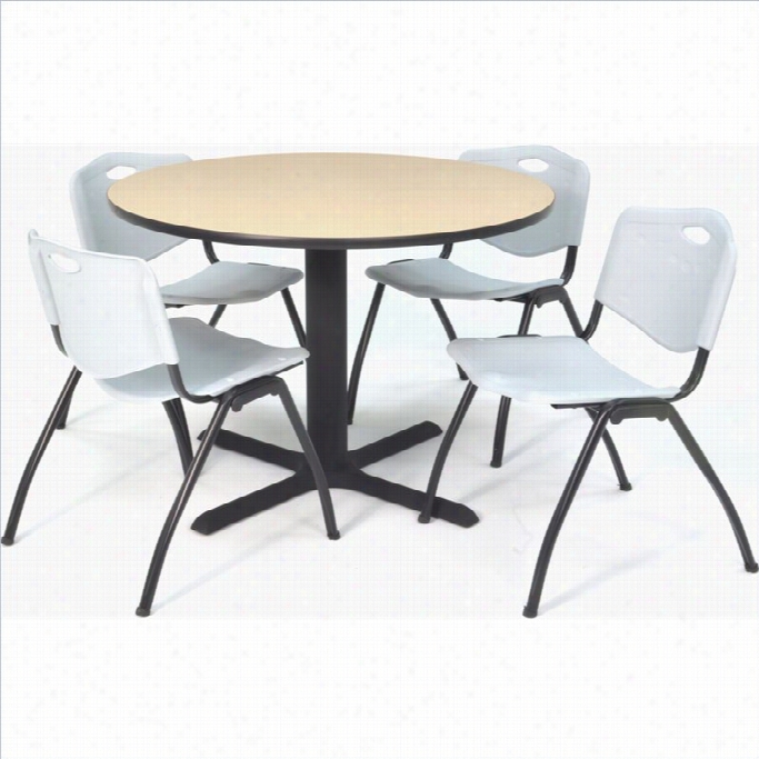 Regency Round Lunchrom Table And 4 Grey M Stack Chairs In Beige