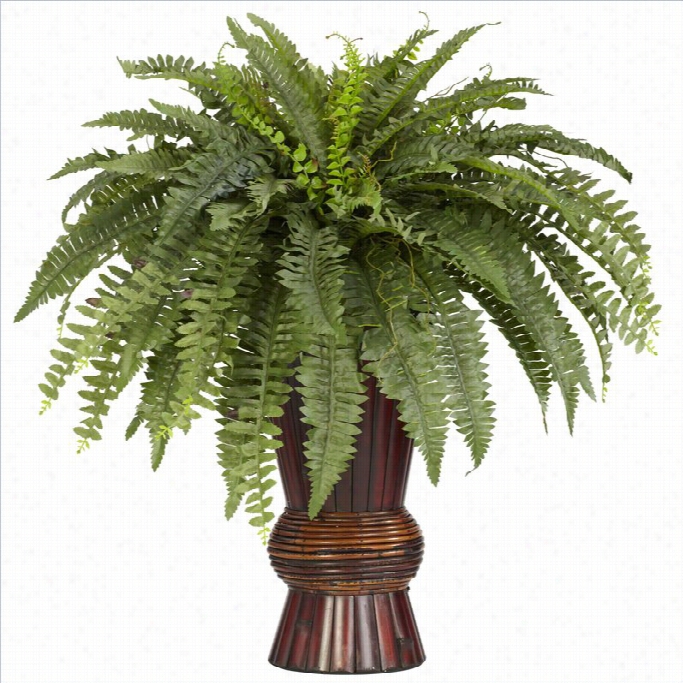 Nearly Natural Boston Fern  With Bamboo Vase Slk Plant In Green