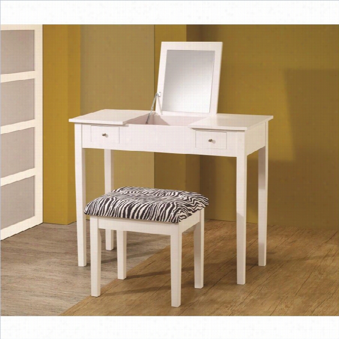 Coaster Lift Top Vanity Set With Upholstered Stool In White