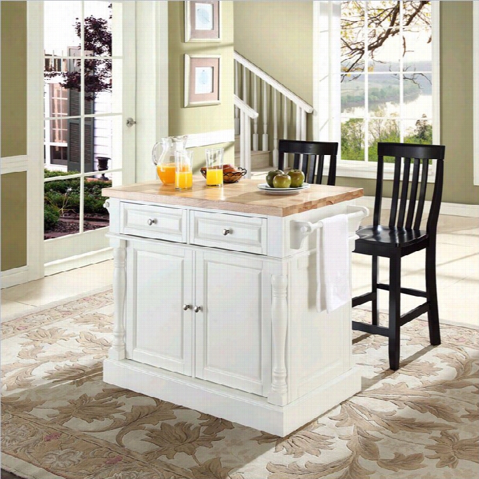 Crosley Oxford Butcher  Block Top Kitchen Isla Nd With Stools Ib Whitee