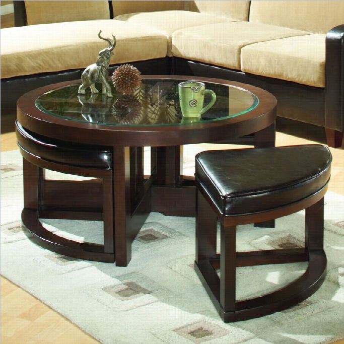 Trent Home Redell Round Glass Top Cocktail Table With 4 Ottomans In Dark Redwood