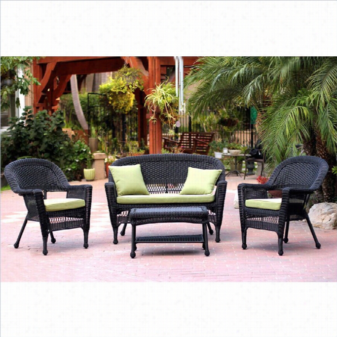 Jeco 4pc Wicker Conversation Set In Black With Green Cuushions