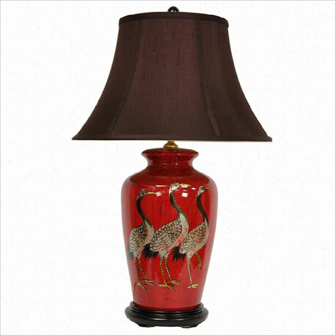 Oriental Furniture 26 Crowned Cranes Vase Lamp In Red