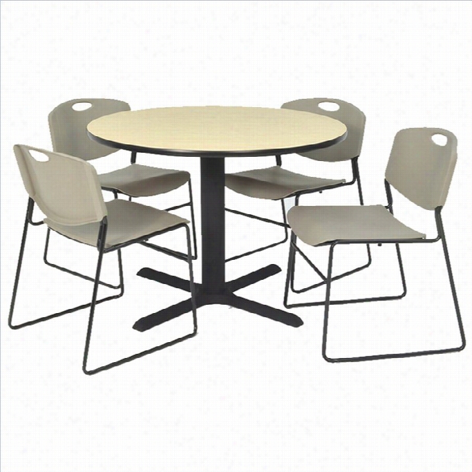Regency Round Table With 4 Zeng Stak Chairs In Maple And Grey-30i Nch