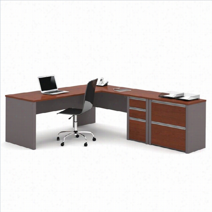 Bestar Cnnexion L-shaped Workstation With Lateeral File In Bordeaux And Slate