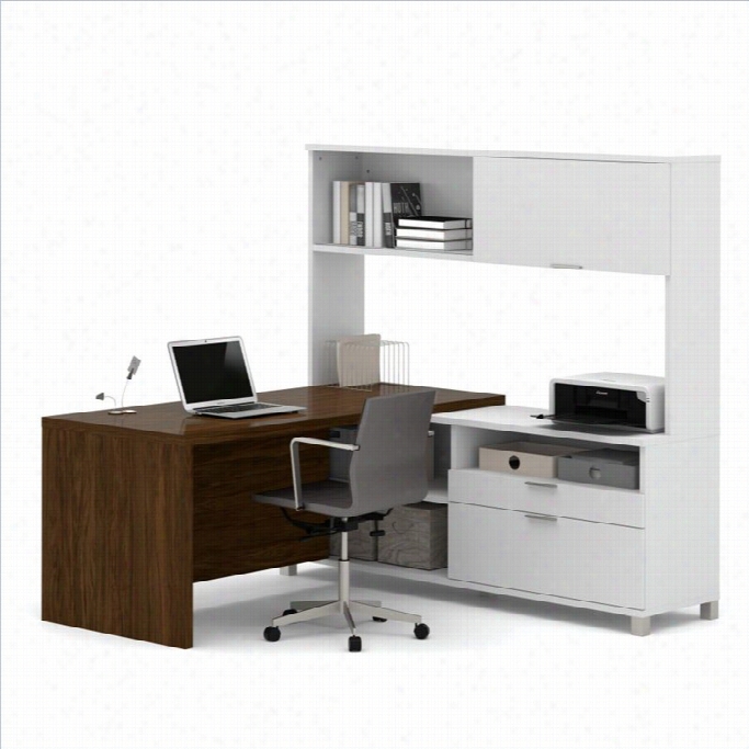 Bestar Pro-linea L-desk With Hutch In White And Oak Barrel