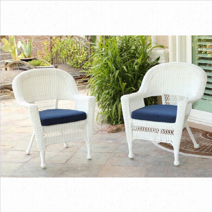 Jeco Wicker Chair In White With Blue Cushion (set Of 4)