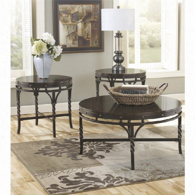 Ashley Brindleton 3 Gun Round Coffee Table Set In Brown