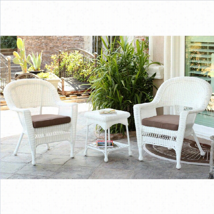 Jeco 3pc White Wicker Chairr And End Table Set In White With Brown Chair Cushion