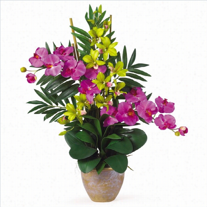 Nearly Natural Double Phal And Dendrobium Silk Flower Arr Angment In Orchid And Green