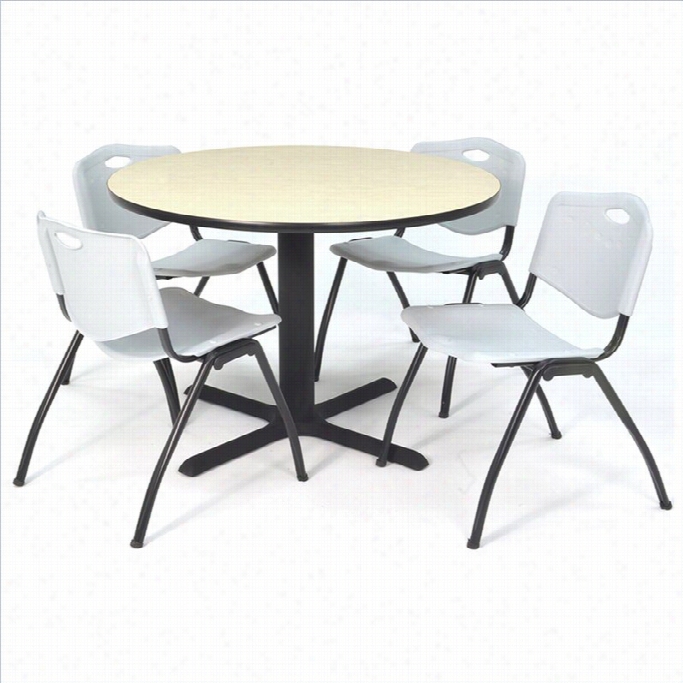 Regnecy Round Table With 4 M Stack Chairs In Maple And Grey-30 Inch