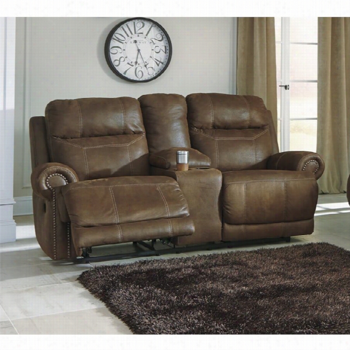 Ashley Austere Power Reclining Faux Leather Consloe Loveseat In Brown