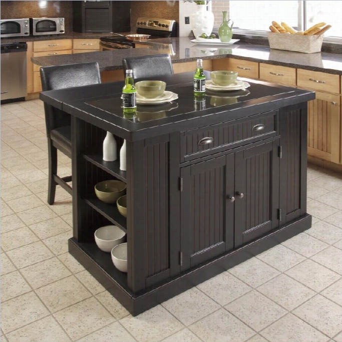 Home Styles Nantucket Island And Two Stools In Diistressed Black Finish