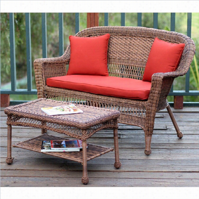 Jeco Wicker Patio Love Seat And Coffee Table Set I Honey With Red Oranfe Cushion