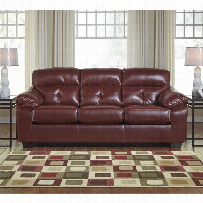 Ashley Basrtop Leather Sofa In Crimson