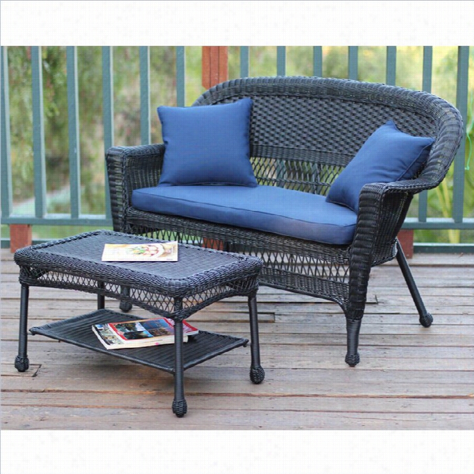 Jeco Wicker Patio Love Saet And Coffee Flat Set In Black With Blue Cushion