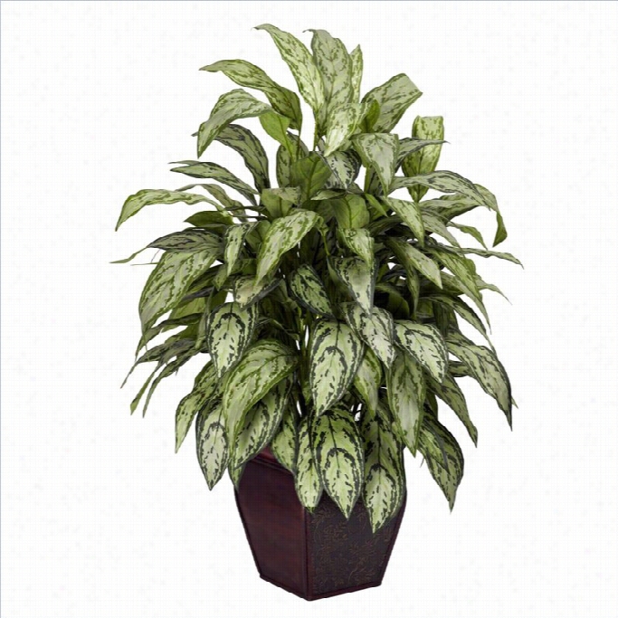 Nearly Natural Silver Queen Withd Eoeative Planter Silk Plant In Green