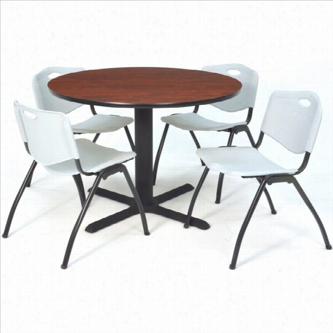 Regncy Round Lunchroom Table And 4 Grey  M Stack Chairs N  Cherry