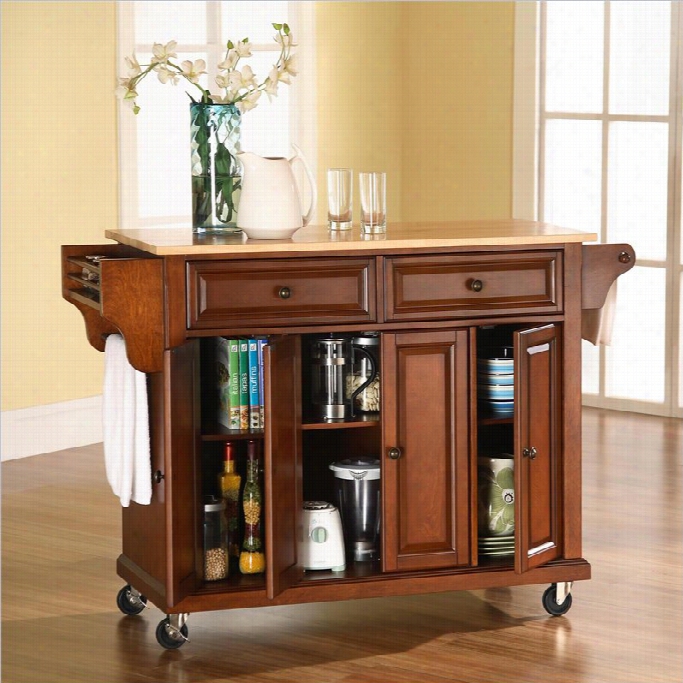 Crosle Furniture Natural Wood Top Kitchen Cart In Classic Cherry Finish