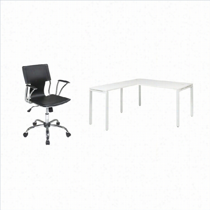 Charge Star Prado L-shape Workstation Desk In White With Dorado Vinyl Office Chair