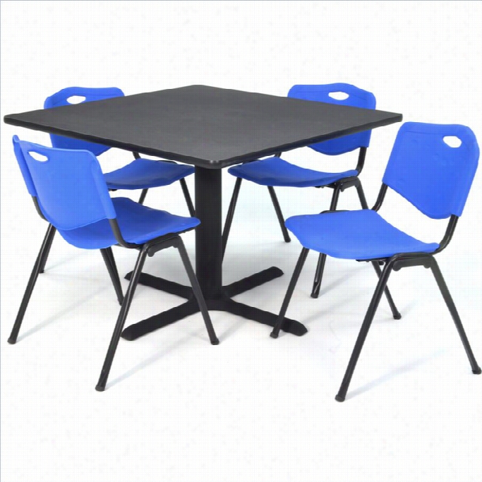 Regency Square Lunchroom Stand  And 4 Blue M Stack Chairs In Grey