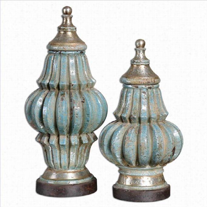 Uttermost Fatima Deecorative Urns In Crackled Lgiht Weather Blue (set Of 2)